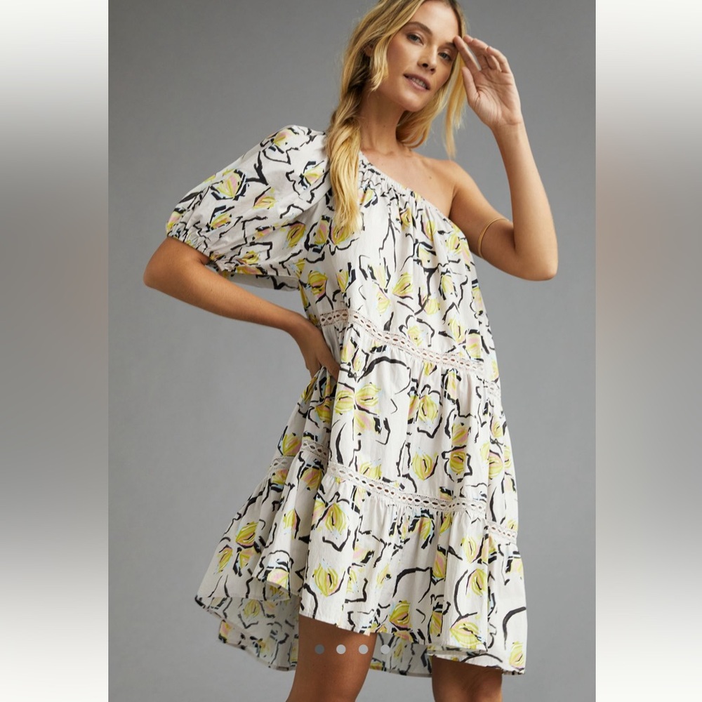(Anthropologie) WORN ONCE! One-Shoulder Dress in Yellow and Black Floral